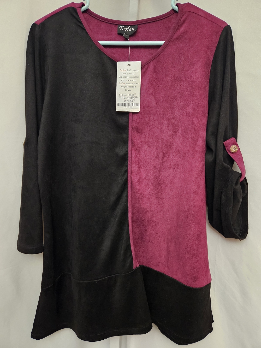 NWT Colorblock Black and Magenta Suede-Look Women's Tunic Top